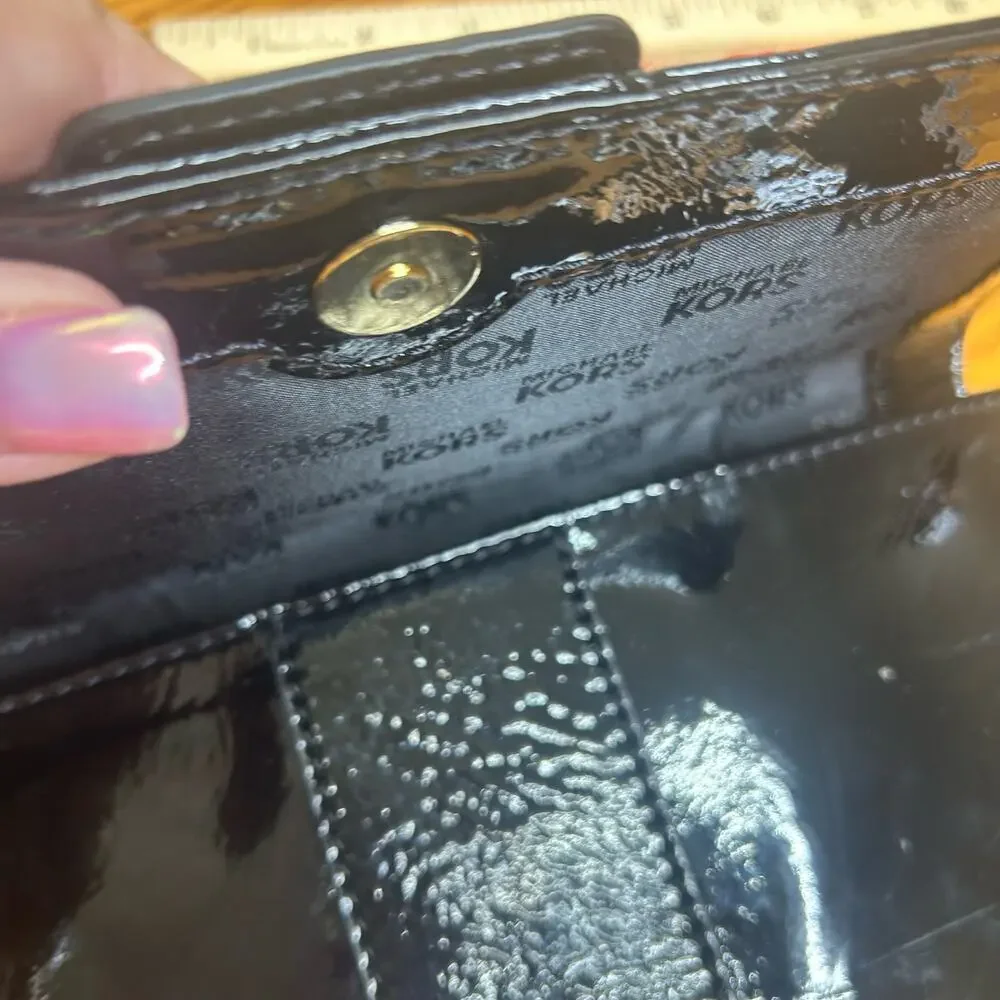 Michael Kors Faux Patent Leather Clutch Purse Bag Black Gold